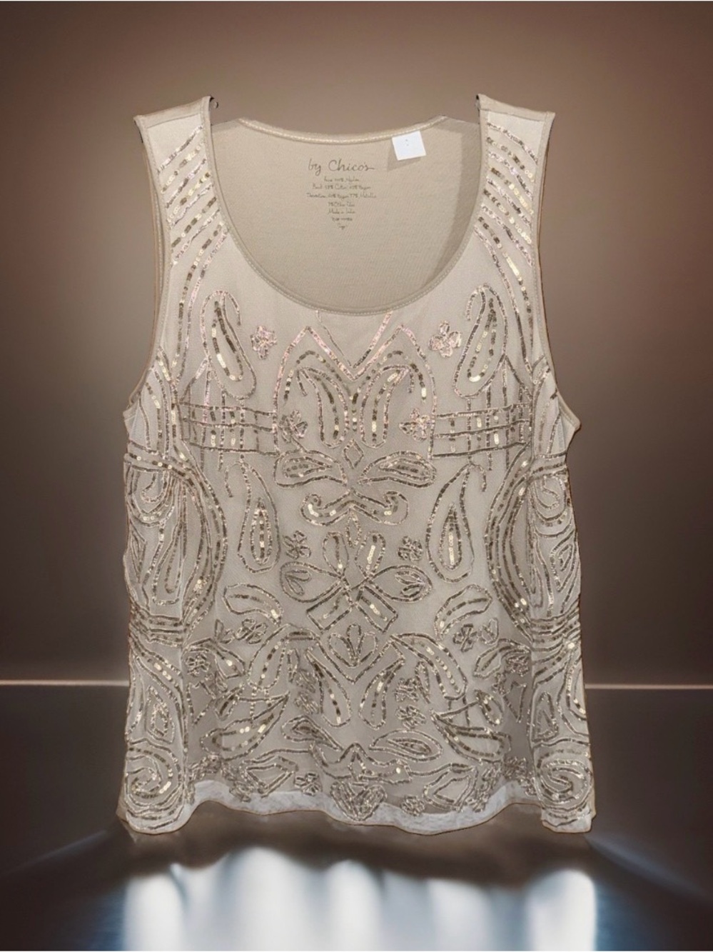 Chico's Cream Embellished Scoop Neck Sleeveless Top-1-EC